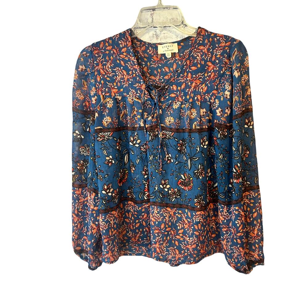 Everly for Francesca's 3/4 sleeve sheer blue floral blouse top shirt women's XS